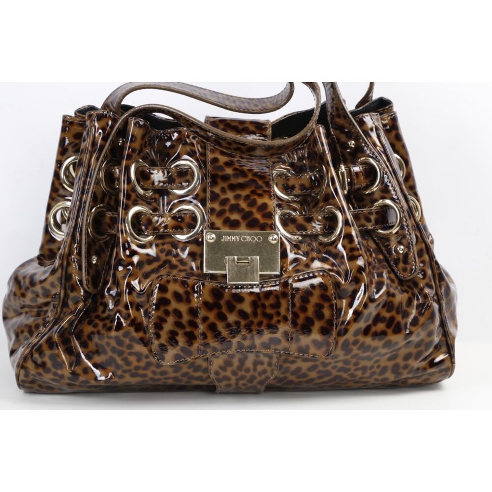 Jimmy Choo Leopard Print Patent Leather Riki Handbag Brown Cheetah Gold Hardware